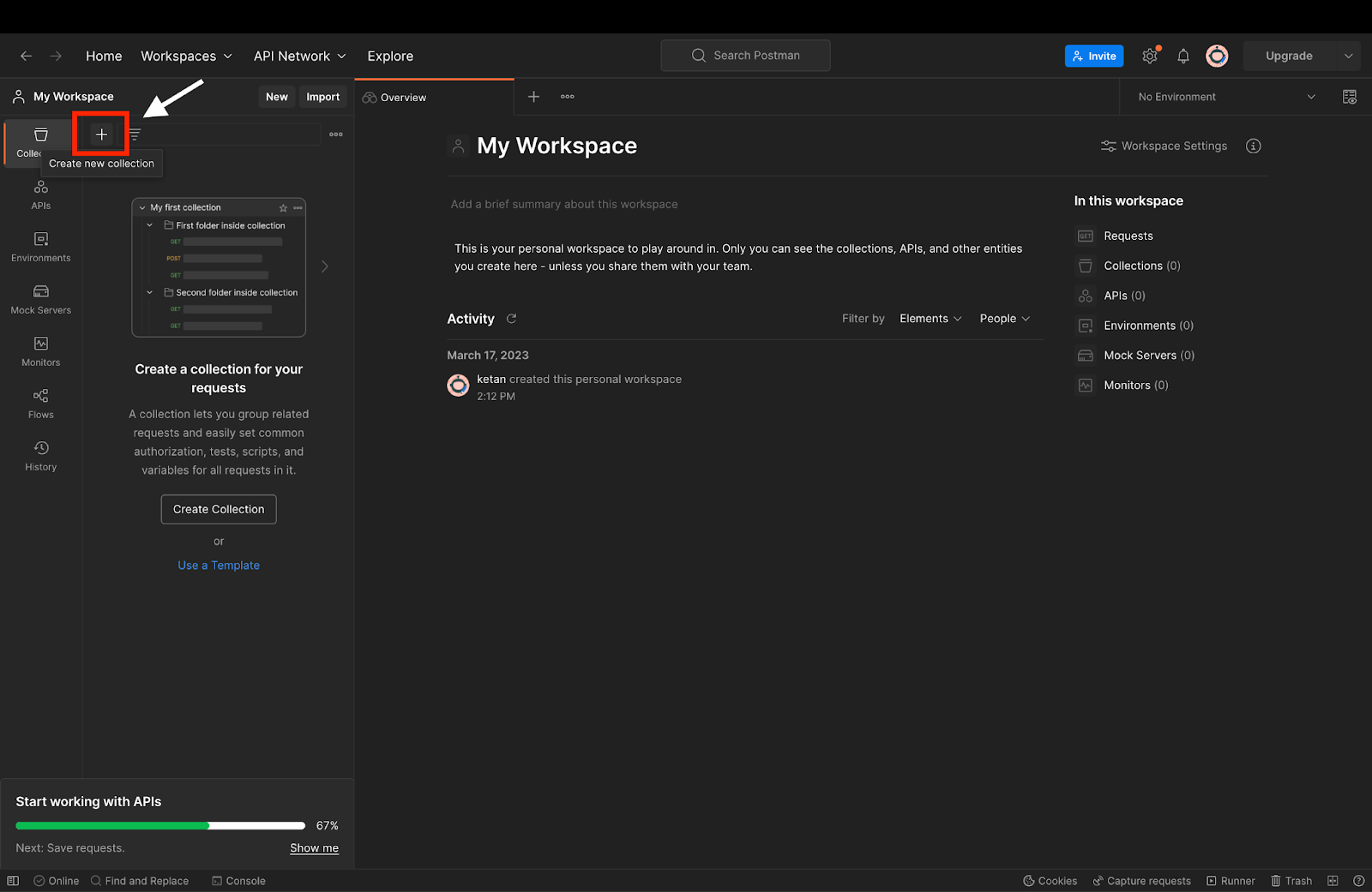 Screenshot of an API client interface highlighting the option to create a new collection within the 'My Workspace' section, aiming to organize API requests.
