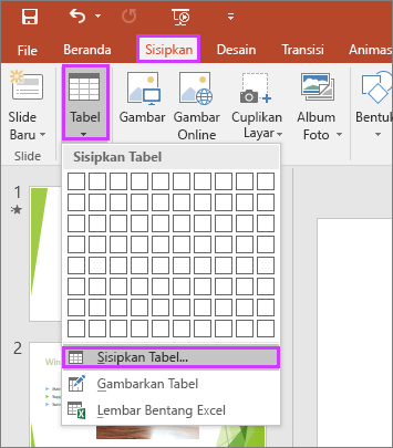 Memperlihatkan opsi Tabel di tab Sisipkan pada pita di PowerPoint
