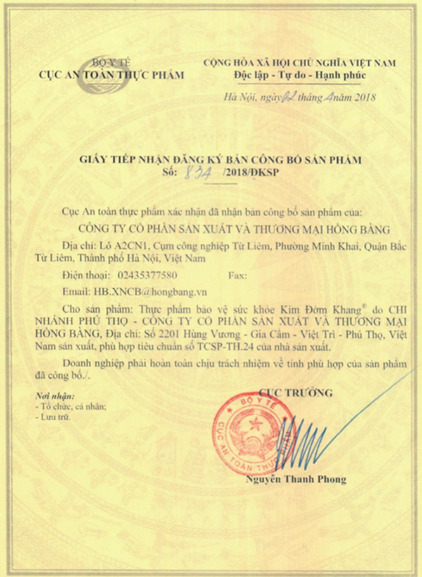 Bản công bố được cấp phép của TPBVSK Kim Đởm Khang