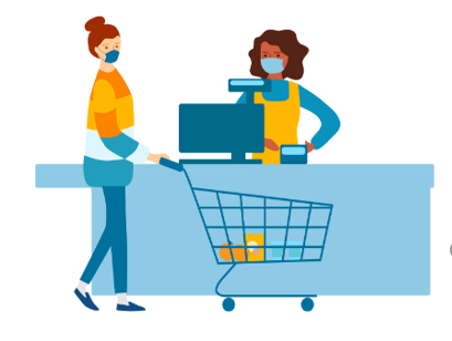 Woman with shoping cart at checkout stand Woman with shoping cart at checkout stand