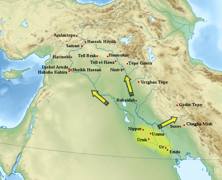 Map illustrating the spread of Urukean culture north to other parts of Mesopotamia.