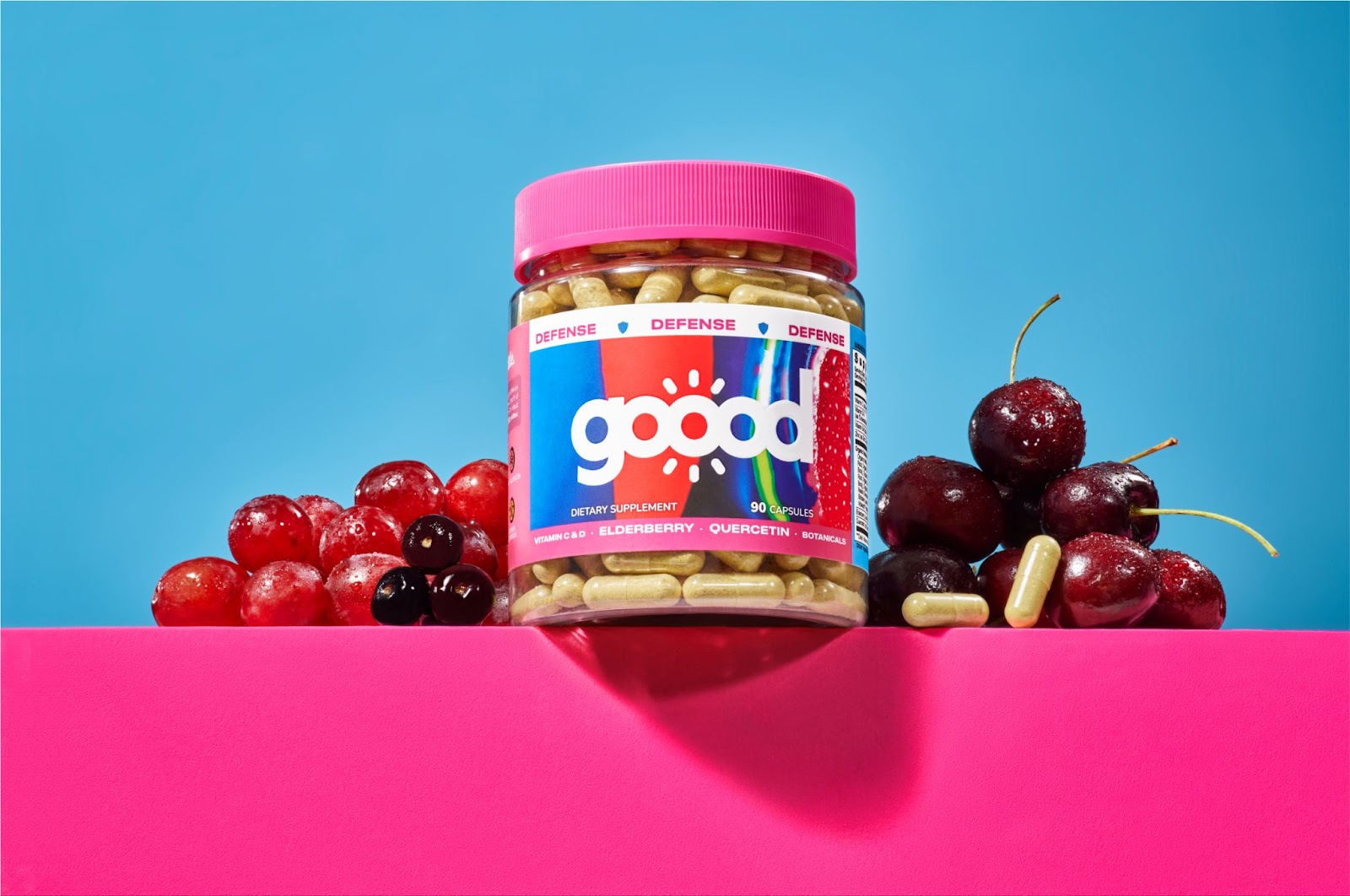 Packaging design for Goood Wellness featuring real flowers, fruits and botanicals dripping with color 