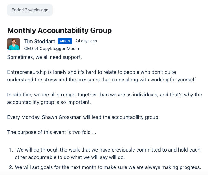 Accountability session inside Copyblogger Academy