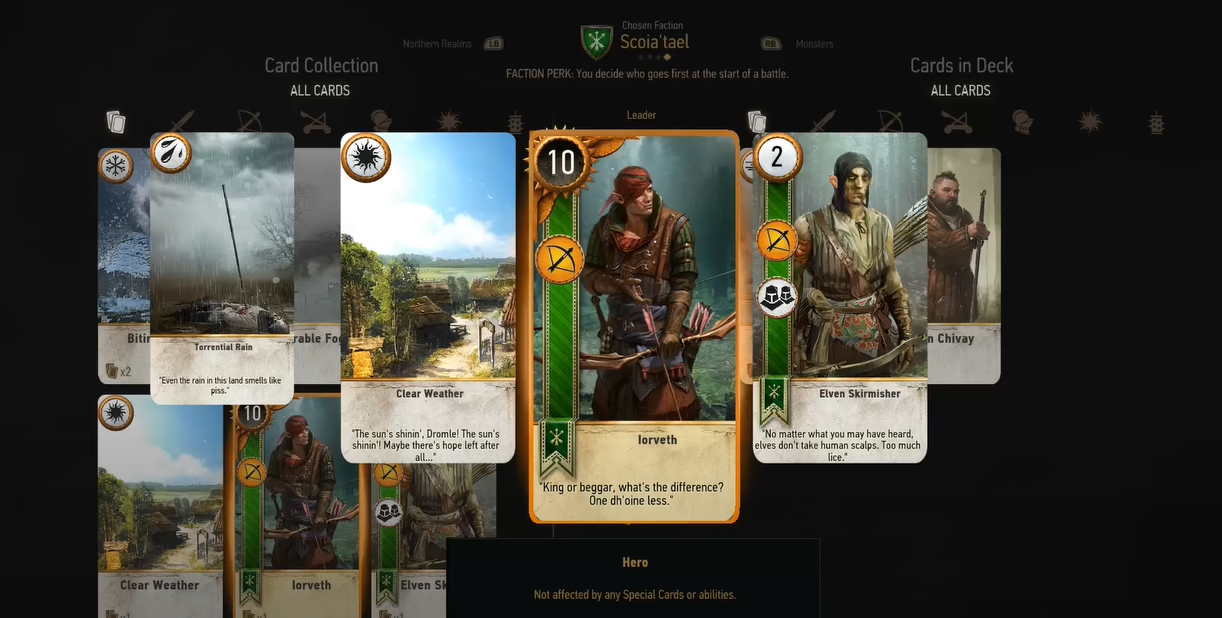 A gameplay screenshot of the game Gwent, displaying various cards in action