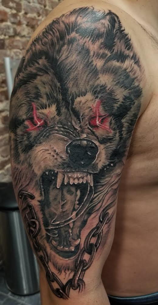  Fierce Red-Eyed Fenrir Wolf Tattoo