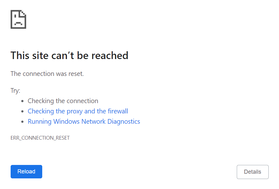 Captura de Tela do Erro ERR_CONNECTION_RESET no Google Chrome