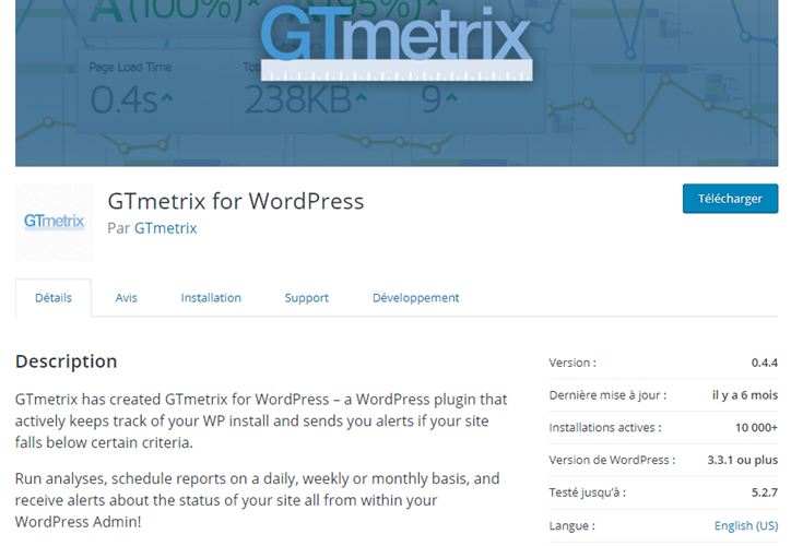 rechercher et installer le plugin GTmetrix