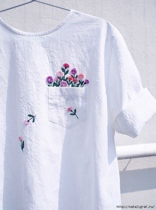 DIY crafts embroidery t-shirt with flowers on the pocket