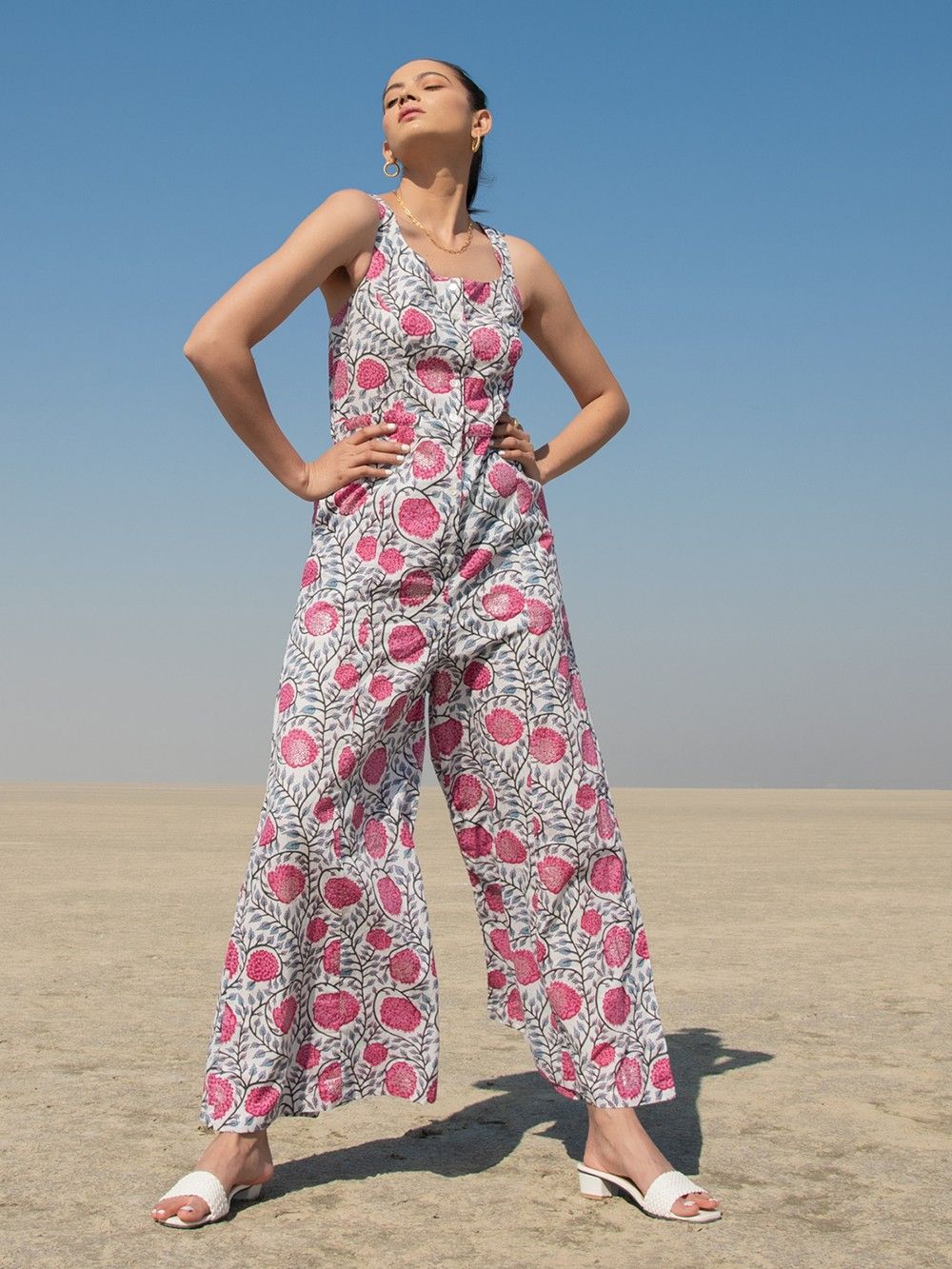 the loom - Grey Pink Hand Block Printed Cotton Jumpsuit