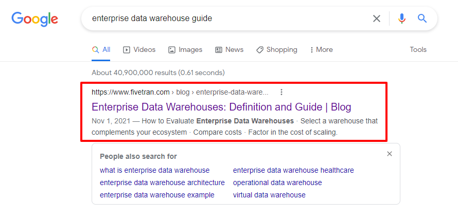 Google search showing 'Enterprise Data Warehouse Guide' as the top result.