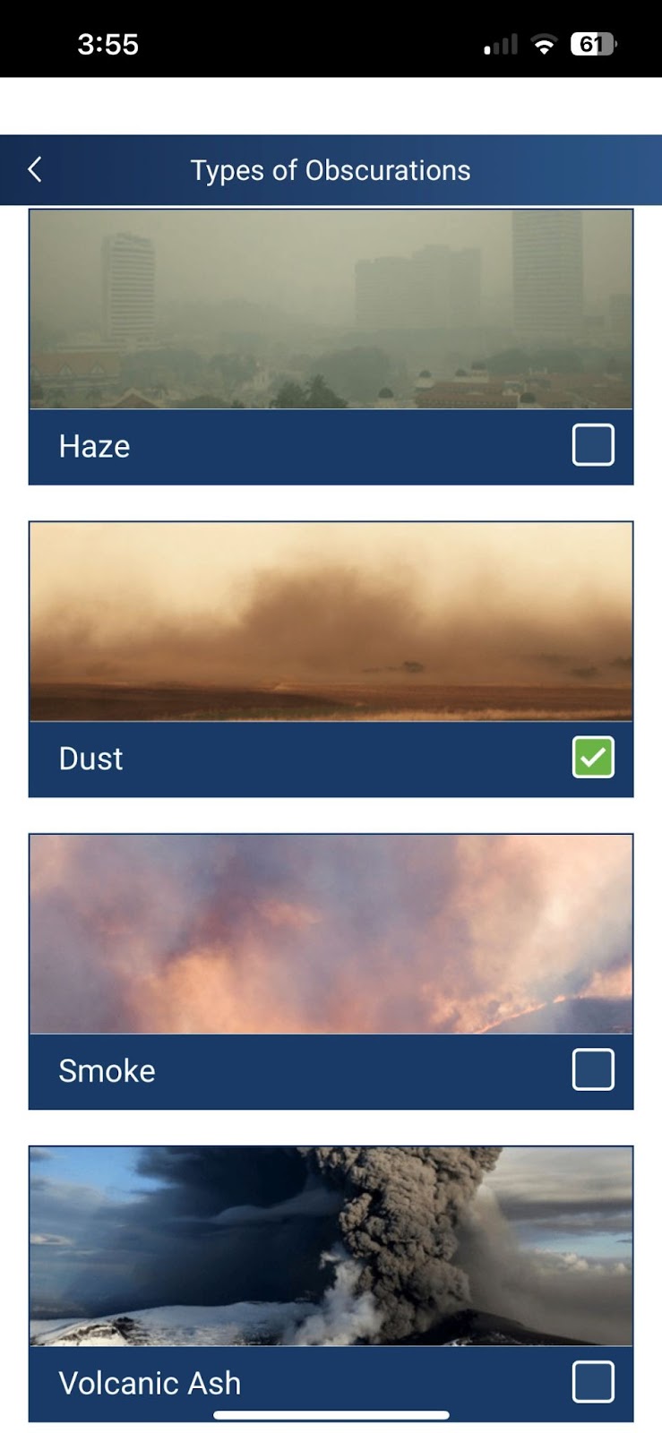 Screenshot GLOBE Types of Obscurations, which is 4 flat squares on top of each other. Options to choose are: Haze, Dust, Smoke, and Volcanic Ash.