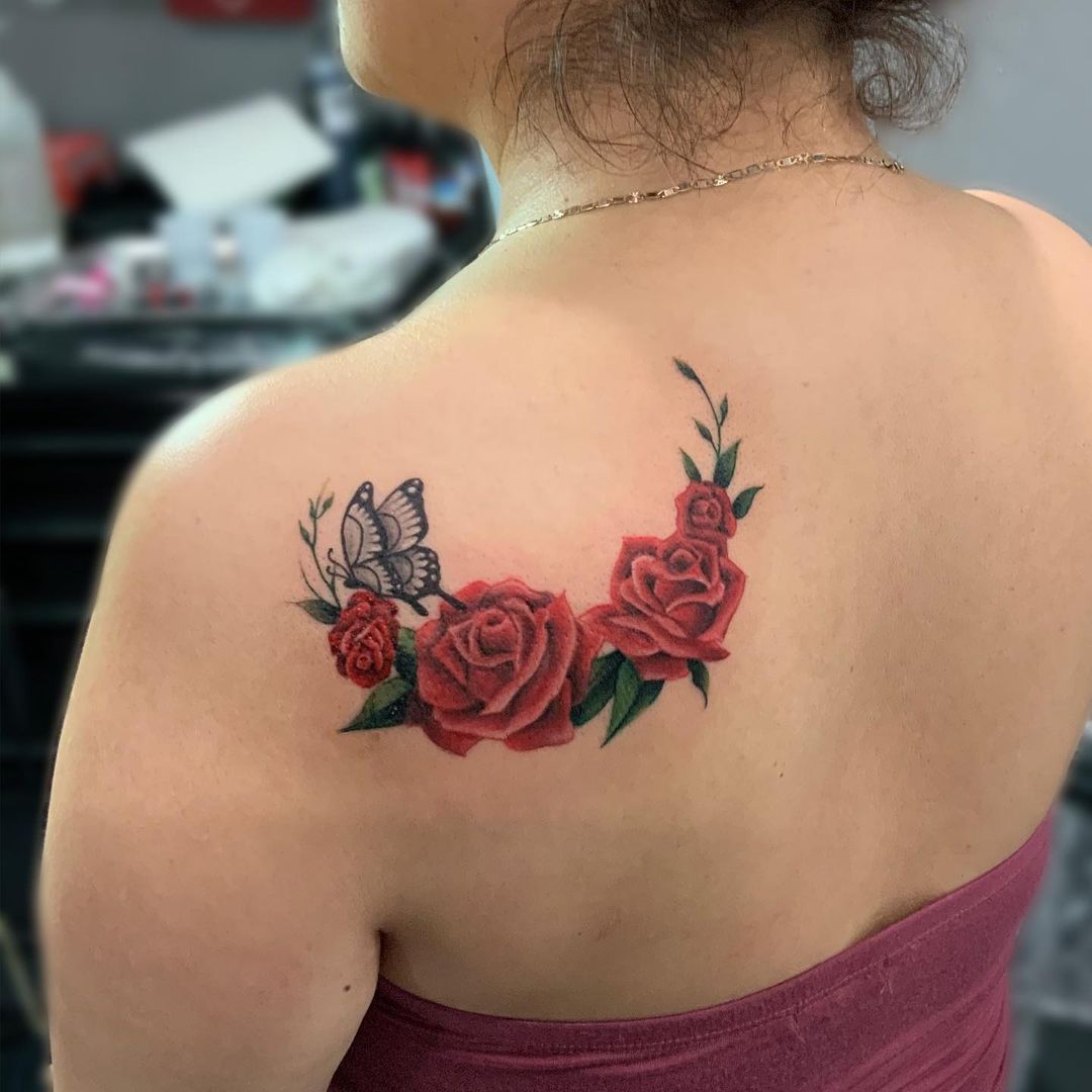 Red Roses In A Moon Shape Tattoo