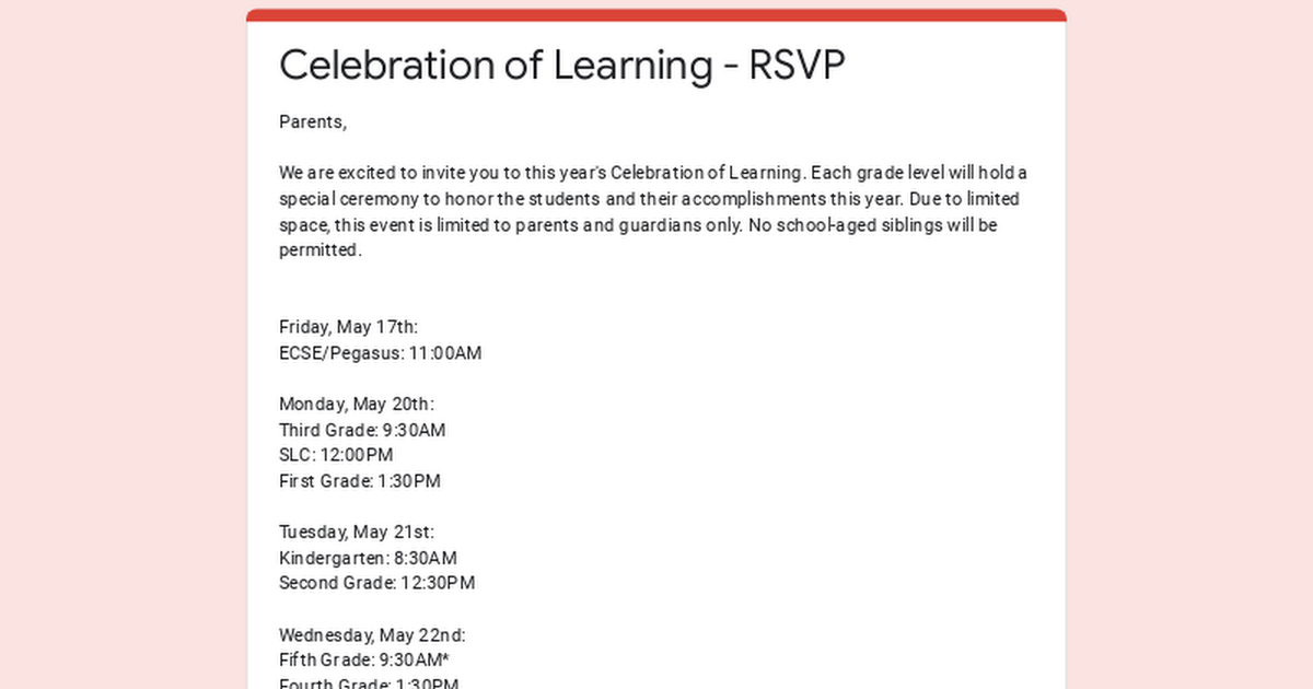 Celebration of Learning RSVP (Kinder-4th Grade)