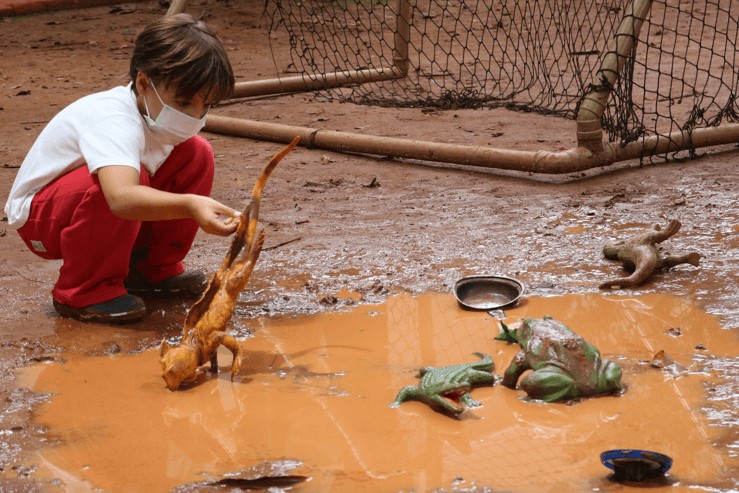 A imagem mostra um menino brincando com dinossauros de plástico em um poça de lama.
