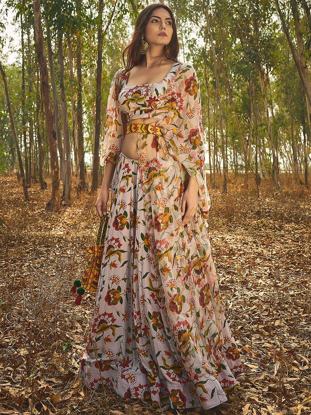 the loom - Grey Printed Crepe Blouse with Lehenga