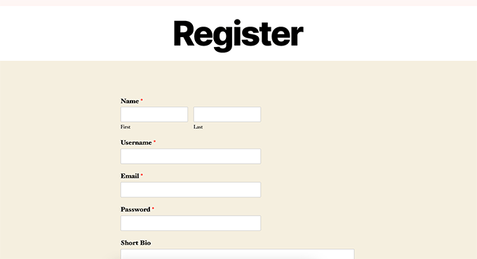 Visualização da página de registro do usuário