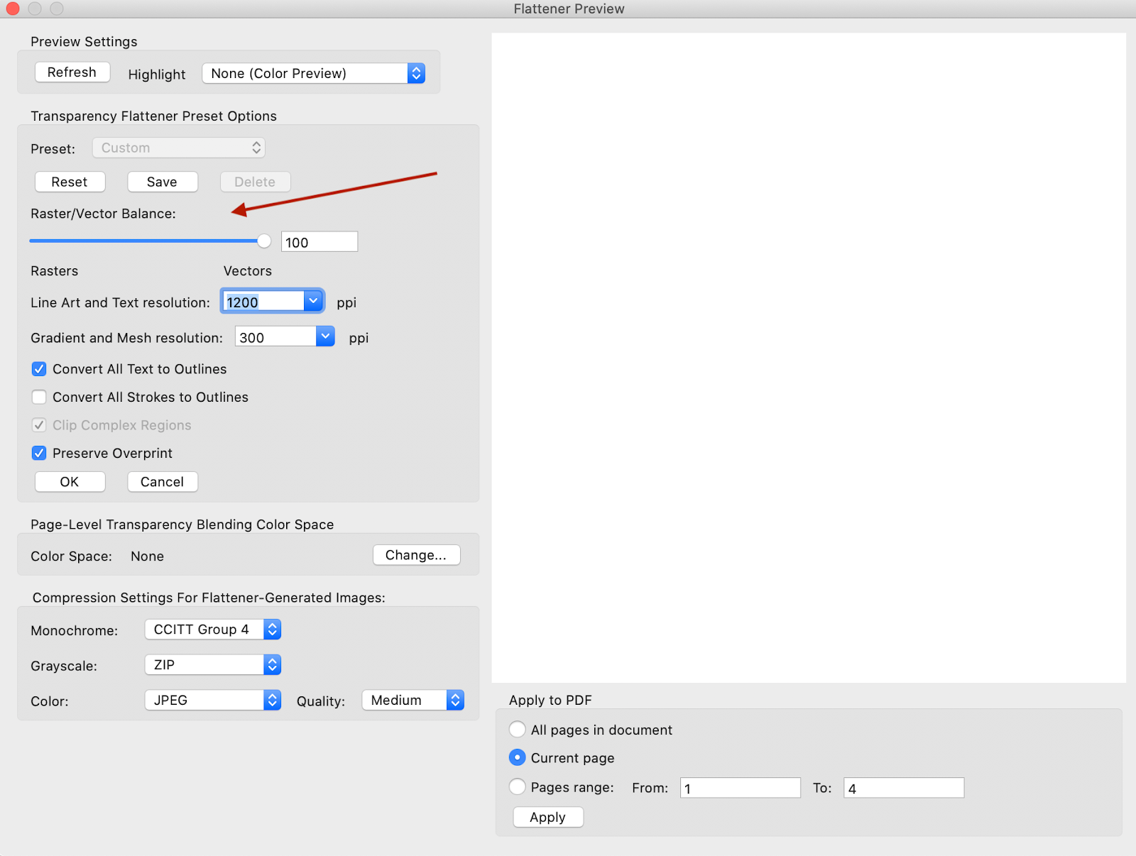 Screenshot of the flattening preview of Adobe. Use the sliding scale for raster/vector balance.