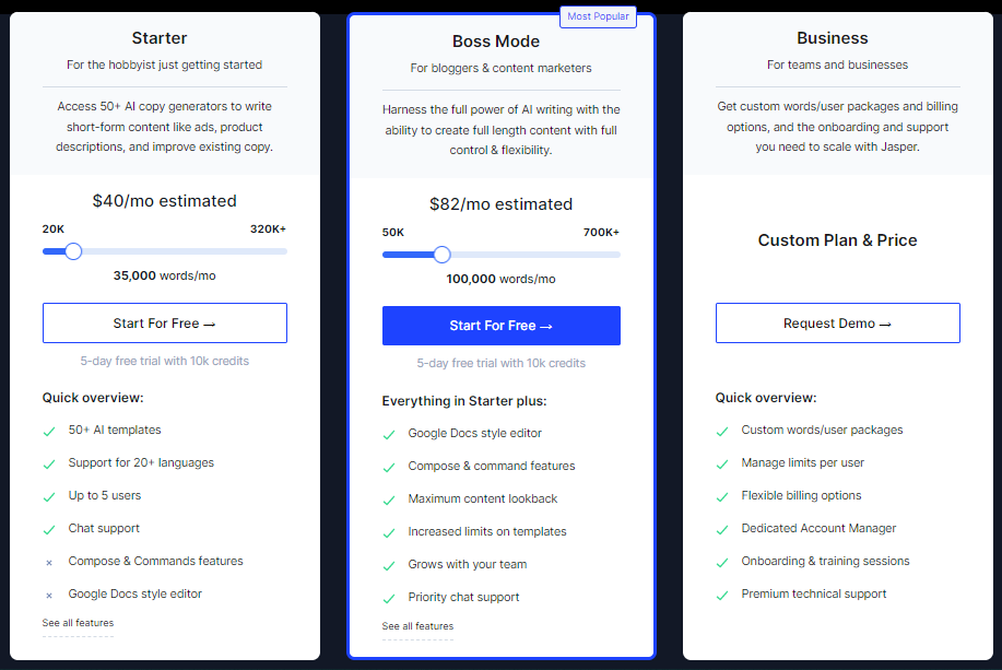Jasper pricing page
