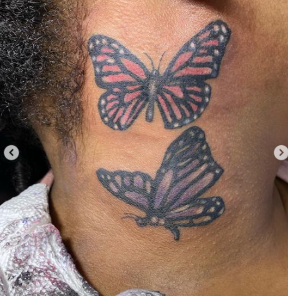 Bold Outline Butterflies Neck Tattoo