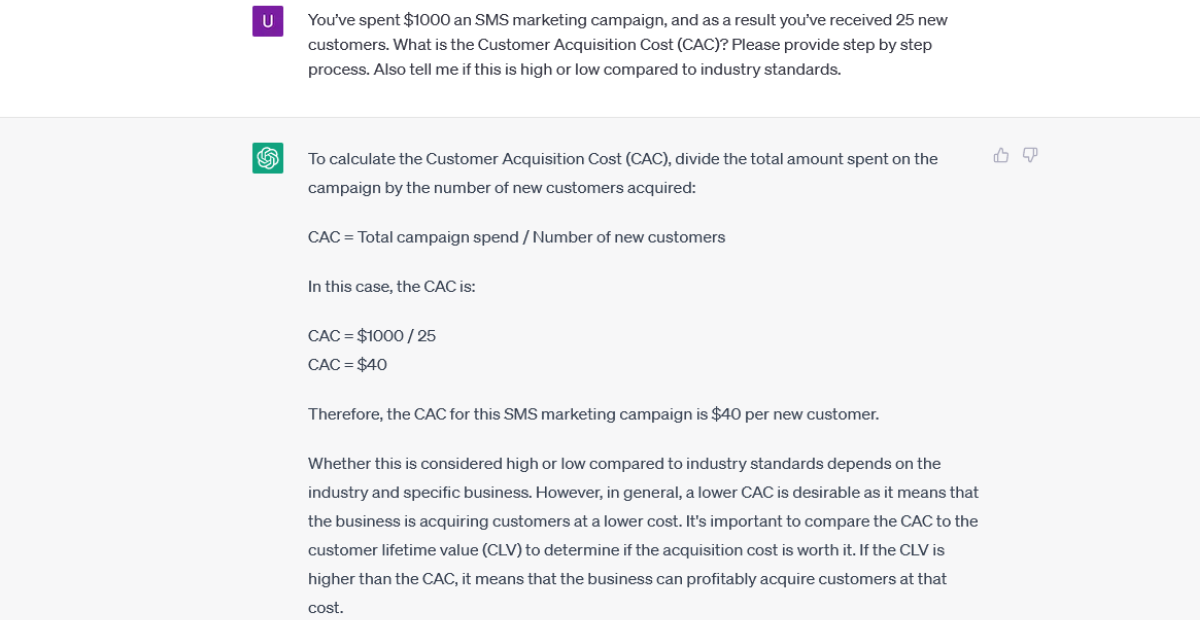 ChatGPT prompt and response for calculating customer acquisition cost