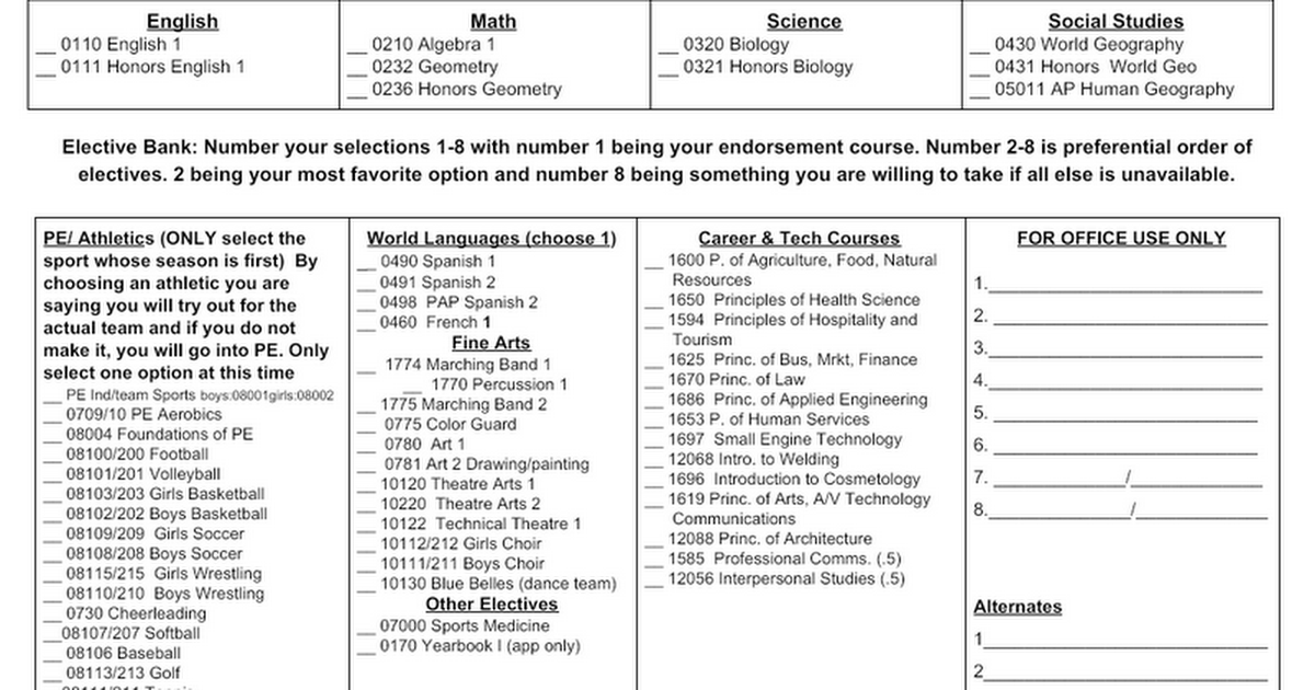 9th grade Course Selection Sheet  2020-2021