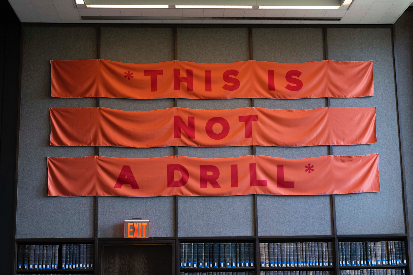 Three long red banners pinned to on a wall high above book shelves. Top banner reads " "*THIS IS", middles: "NOT", bottom banner "A DRILL*".