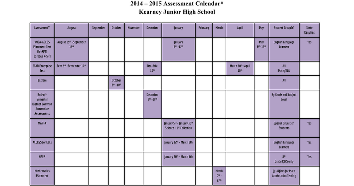 Kearney Junior High School Assessment Calendar Google Docs