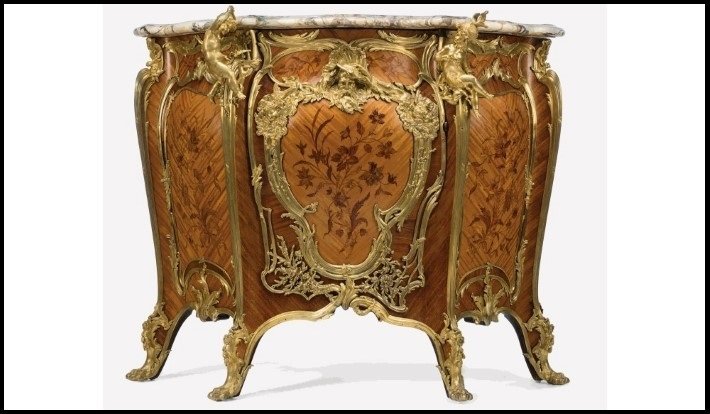 Ormolu-mounted kingwood, bois satine and bois de bout marquetry cabinet by Zwiener exhibited in the Exposition Universelle of 1889