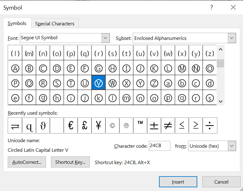 searching for Uppercased Circled V symbols text using the character code
