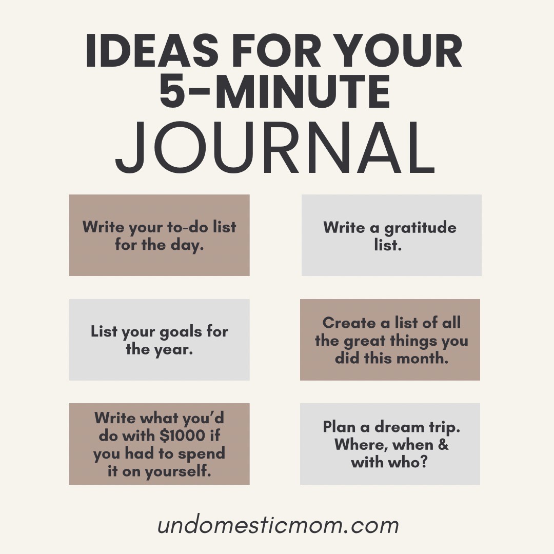 graphic with six ideas for a 5 minute journal that can be used for morning journal prompts