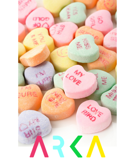 Arka  logo with a background of Valentine's message candy hearts