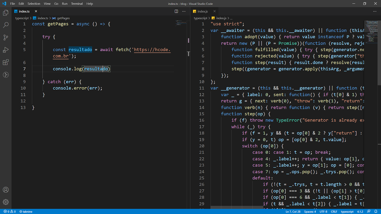 Código TypeScript sendo convertido para JavaScript