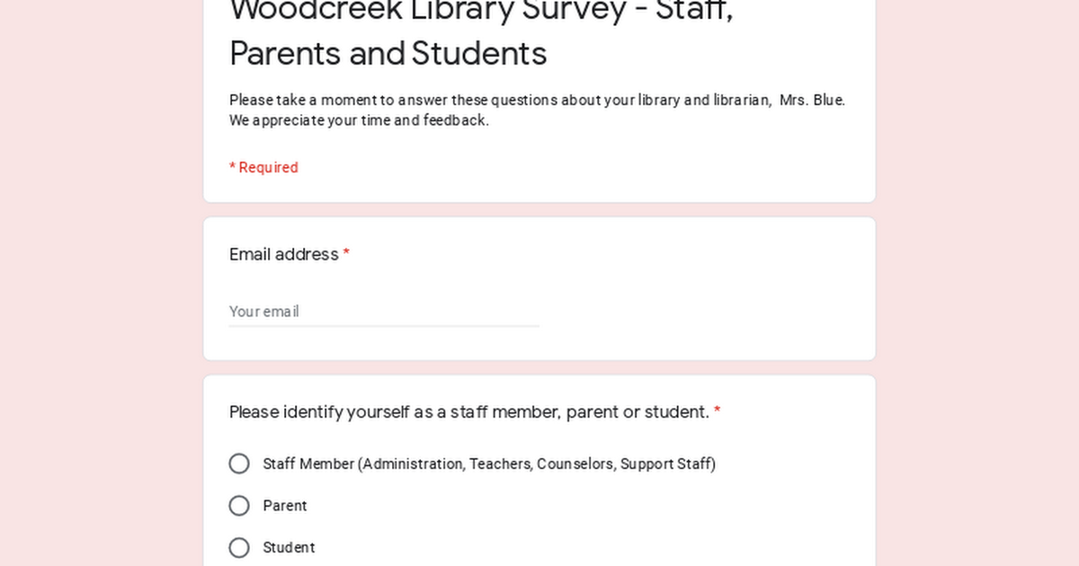 Woodcreek Library Survey - Staff, Parents and Students