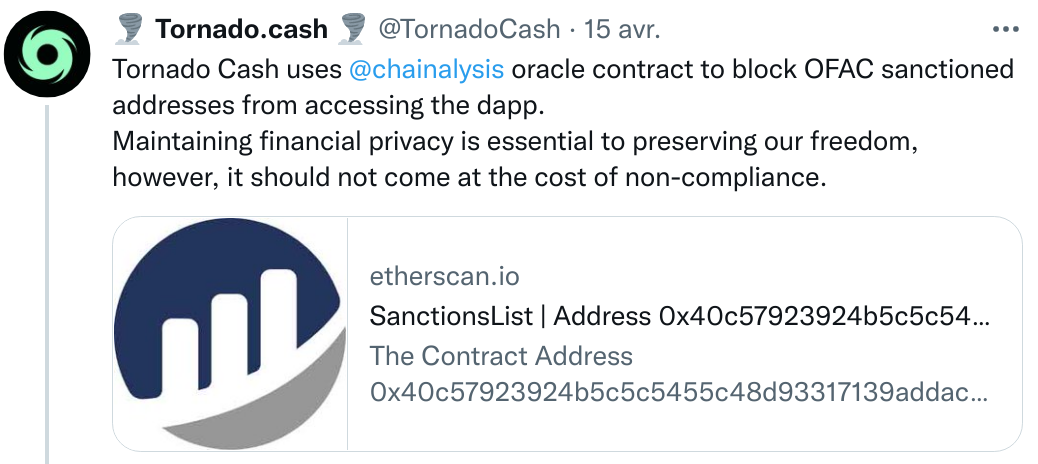 Annonce de Tornado Cash à propos de la mise en place d'une blacklist.