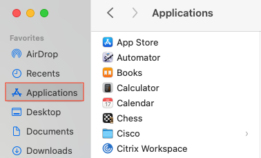 Finder window with the applications folder selected