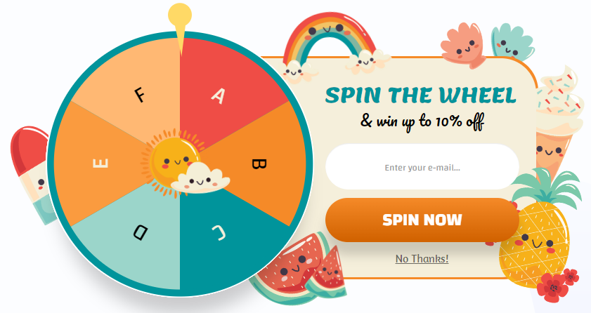 Cartoon themed spin to win template offering randomized coupon codes.