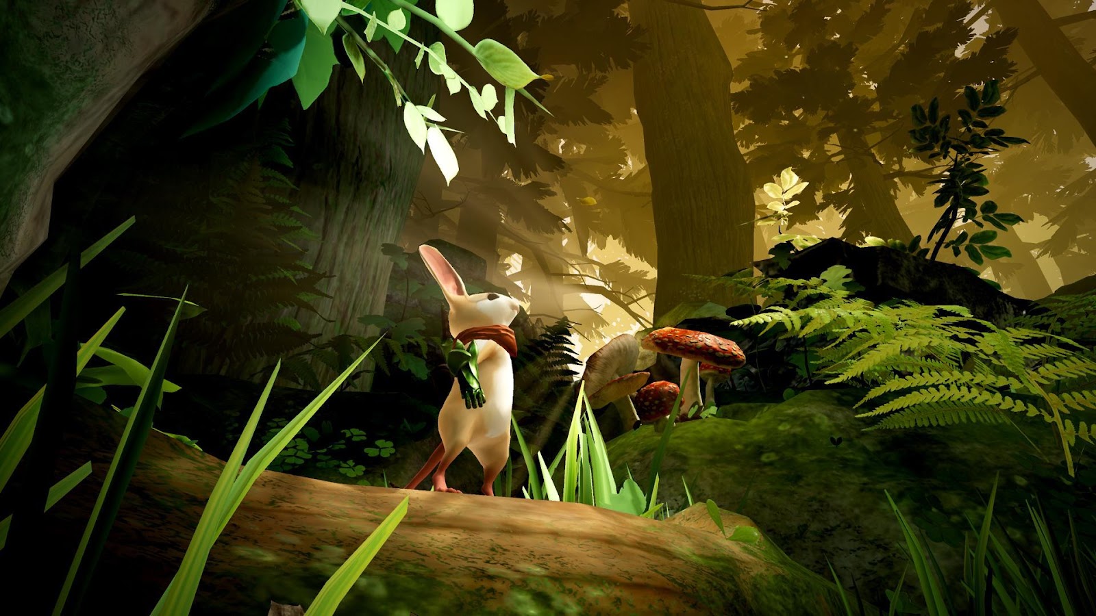 最佳 PS VR 游戏：一只老鼠站在原木上，仰望上方的森林