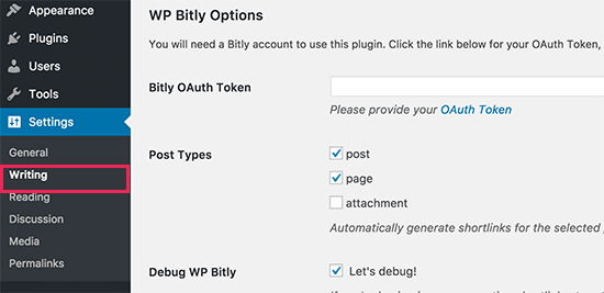 Configurações do WP Bitly