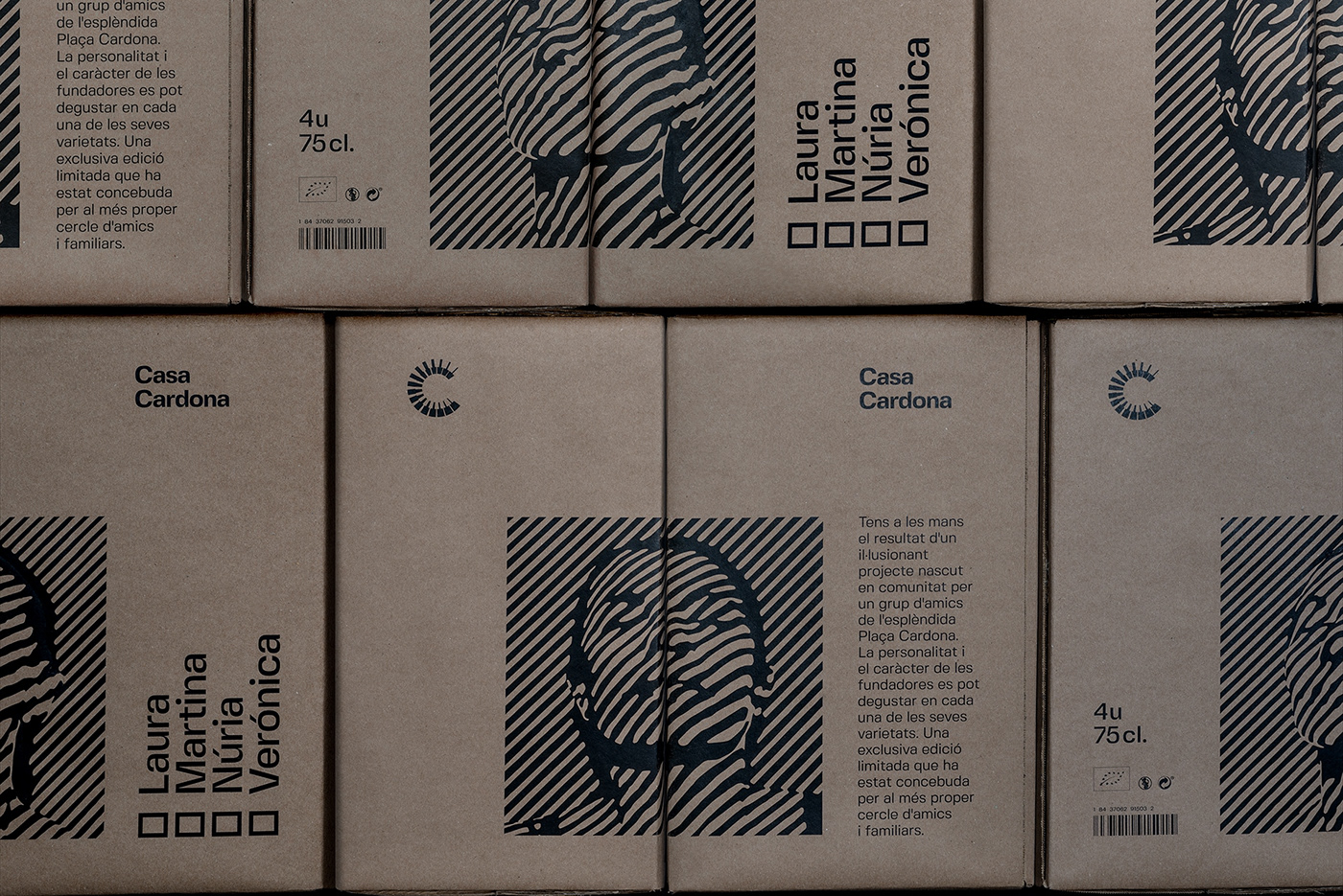 Casa Cardona wines. Group shot of the wine boxes in a stack creating a seamless image