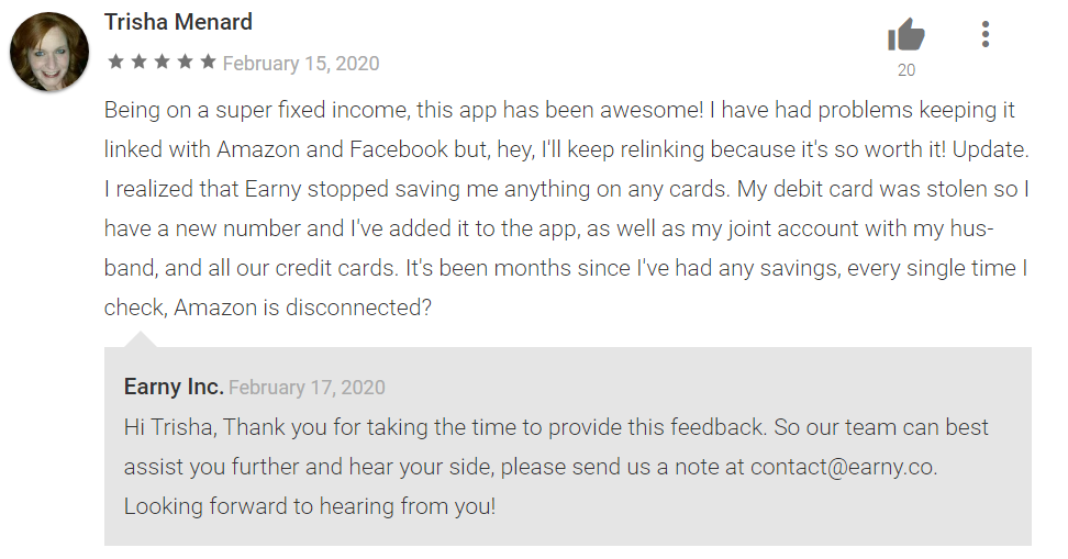 5-star Earny review says they love the app but had trouble with connecting to Amazon.