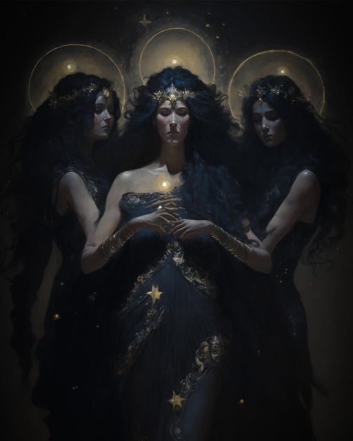 The image portrays Trivia as a trio elegantly garbed in black attire adorned with golden accents. Their long black hair gracefully drapes down their backs, adding to their sophisticated appearance.