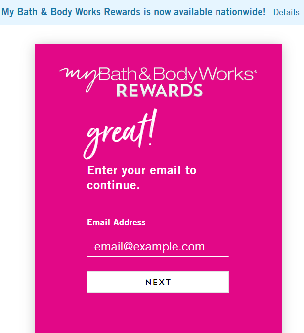 Screenshot of bath and body works rewards sign up screen
