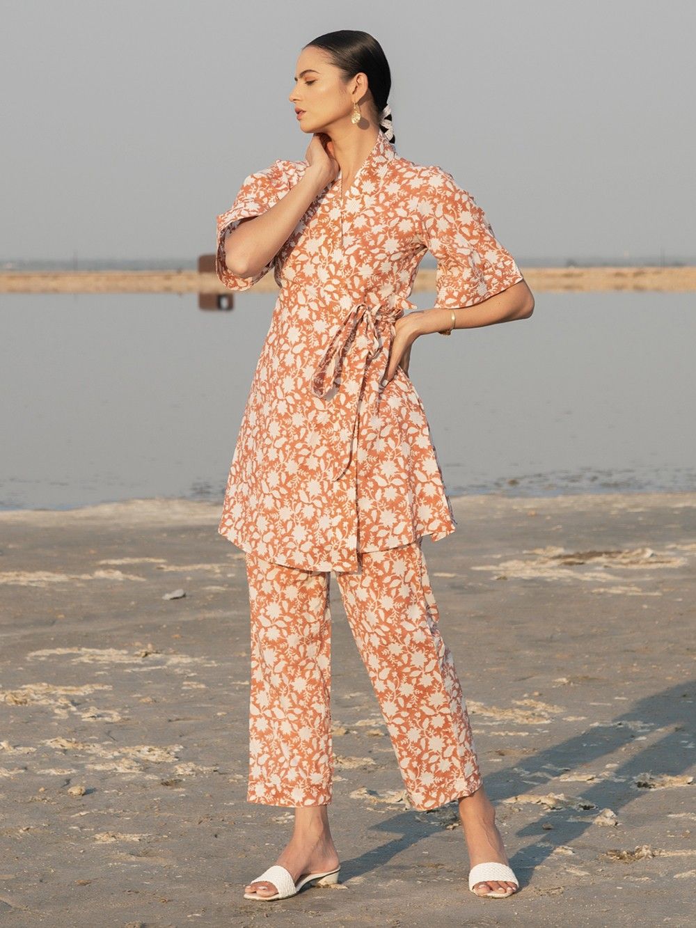 the loom - Rust Hand Block Printed Cotton Overlap Top