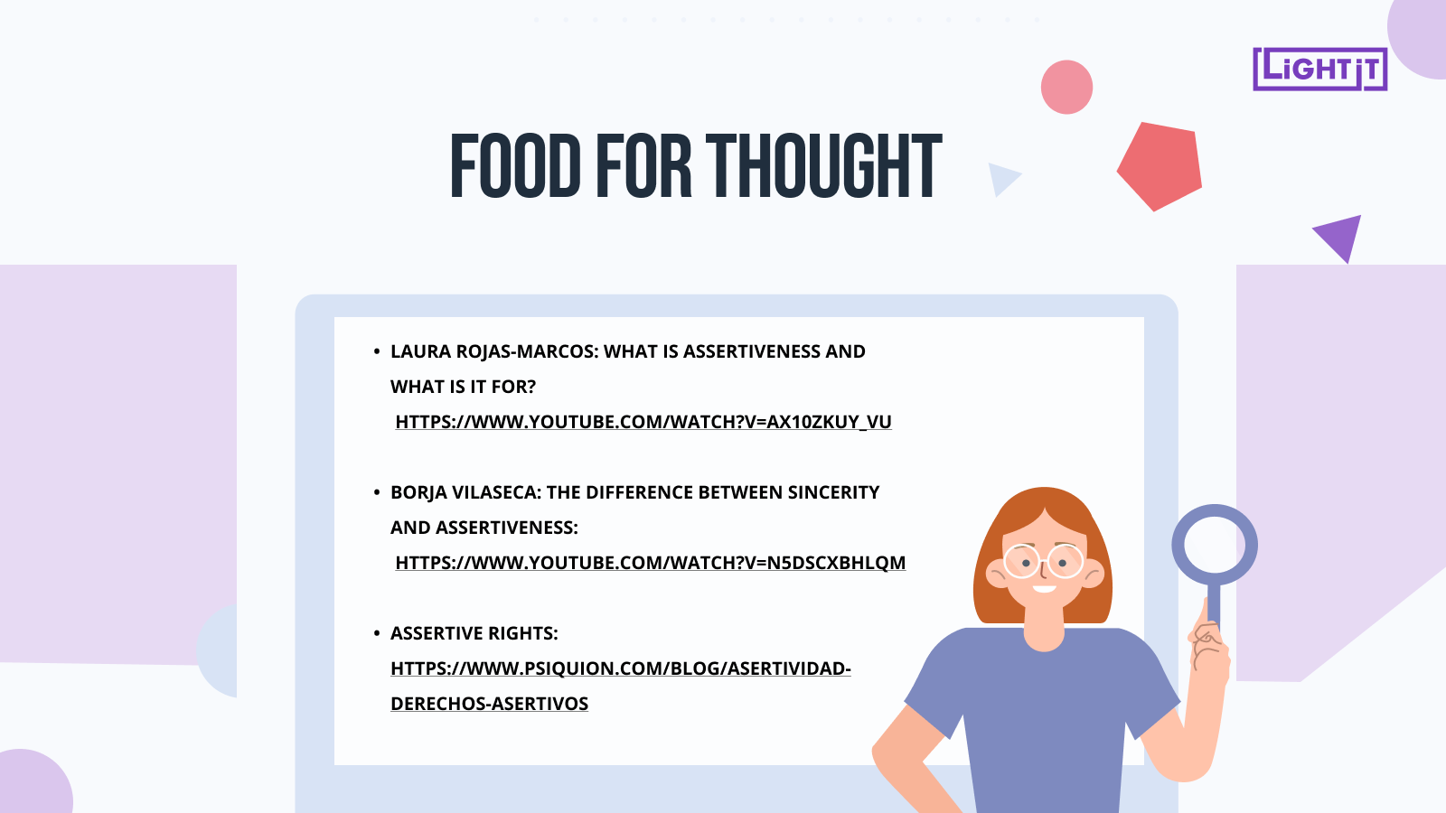 Graphic design in purple and blue colors saying "Food for thought".