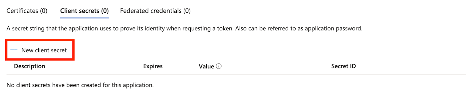 Section of an application configuration page highlighting the option to add a 'New client secret' within the 'Client secrets' tab.