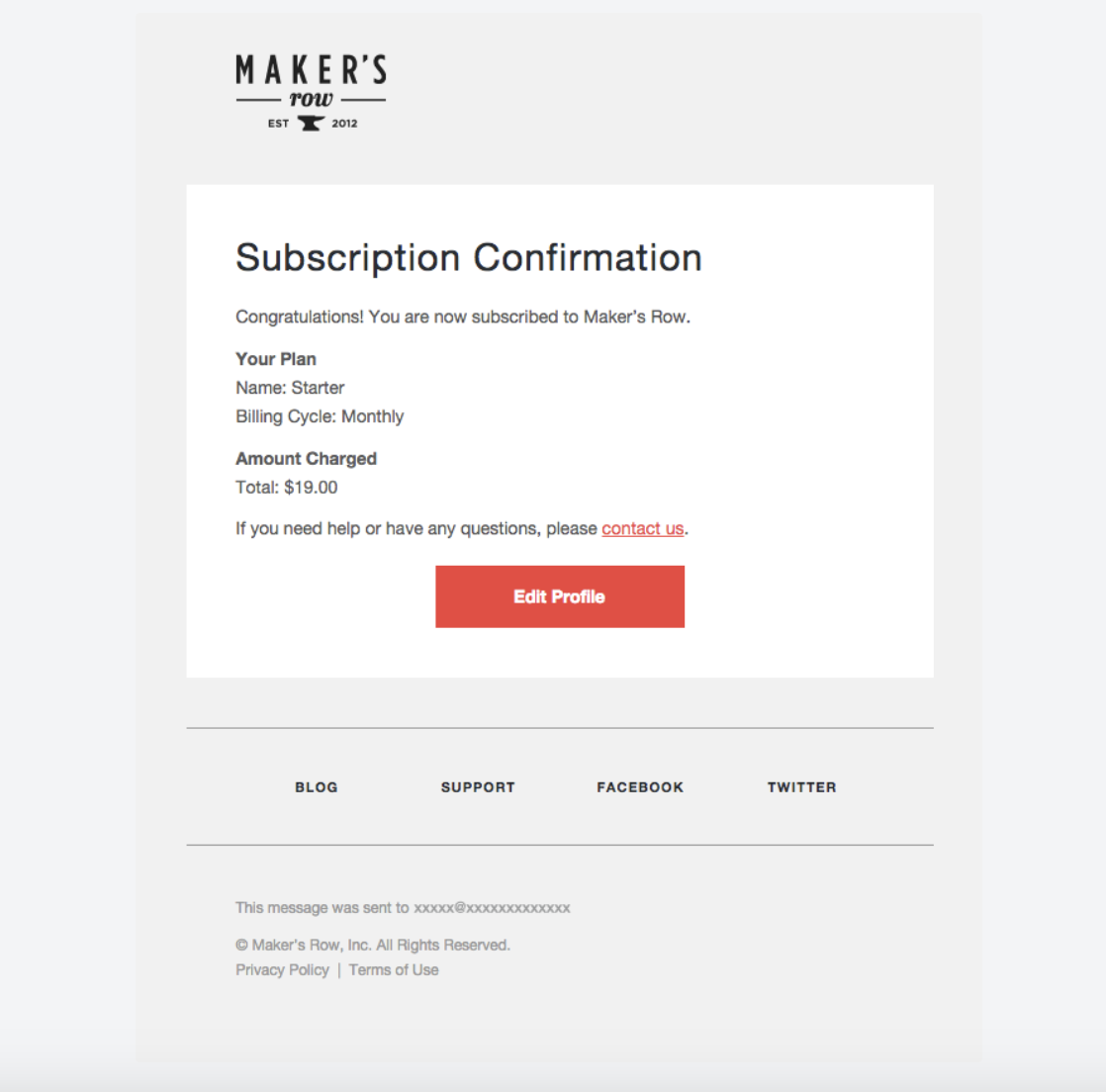 Transactional email examples: Maker's Row subscription confirmation email