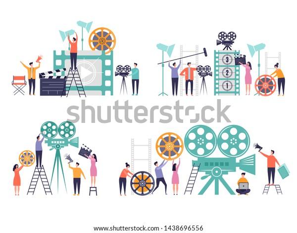 Movie production concept. Flat characters making films video camera clapboard filming person vector colored backgrounds. Production video and movie, film making entertainment illustration