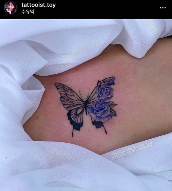 Butterfly With Blue Roses Tattoo
