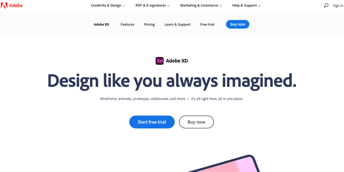 Adobe XD design tool page header with CTA buttons and 'Design like you always imagined' sentence