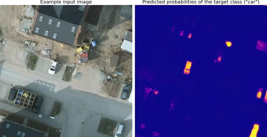An input image (left) and the corresponding model output (right). The model output is mostly a purple/blue color, but there are bright yellow objects where the model is attempting to identify cars. 